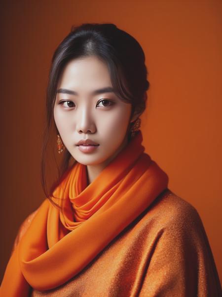 <lyco:ZhangJingna:1.0> An asian very beautiful girl in an orangy scarf, in the style of zhang jingna, soft - focus technique, dark orange and bronze, hallyu, associated press photo, heian period, i can't believe how beautiful this is