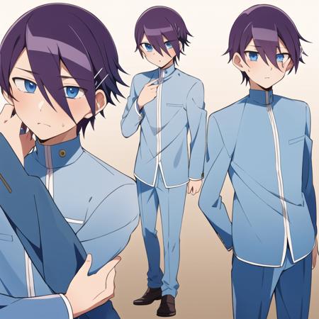 (extremely detailed:1.3),(highly detailed:1.2),(best quality:1.2),(masterpiece:1.2),  <lora:Gakuto-09:0.8>, solo, 1boy, Gakuto, blue eyes, purple hair, short hair, hair between eyes,  eyes visible through hair, hairclip, hair ornament, school uniform, pants, blue pants, black shoes, classroom, full body shot, full body