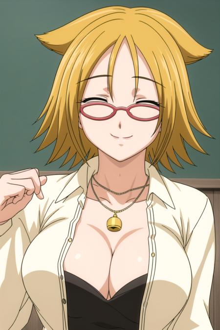 Shizuka, 1girl, solo, breasts, smile, short_hair, blonde_hair, large_breasts, shirt, cleavage, jewelry, closed_eyes, upper_body, open_clothes, glasses, necklace, open_shirt, bell, chalkboard, animal_ears