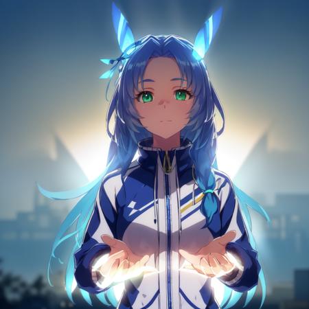 godol,1girl,simple background,(light form above),(backlighting:1.5), lens flare, track jacket, green eyes, <lora:god03v9:0.7>