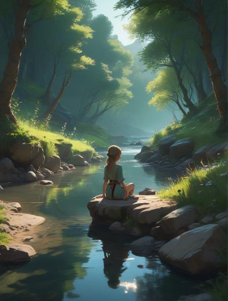 Girl Sitting by the stream Silence speaks in gentle flow Mind at peace, stillness, breath of the wild, calm, dreamy, dreamy, dreamy, dreamyness, in the clear water by Renato muccillo and Andreas Rocha, 8K