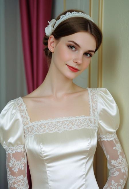 Photography, skinny, beautiful sexy slavic 18yr old femboy man crossdresser , brunette, wearing loose satin wedding dress with lace trim, puff sleeves, soft smile, light freckles,  slim beautiful face, perfect eyes, detailed background, satin hairband, eyeliner
kodak analog flash photography