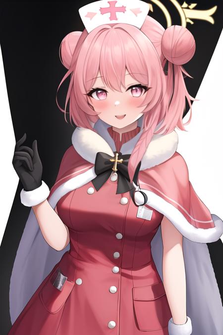 masterpiece, best quality, highres, solo, {serina_bluearchive:1.10}, pink_hair, halo, pink_eyes, hat, blush, smile, open_mouth, nurse_cap, hair_bun, breasts, 1girl, bell, beret, black_gloves, capelet, gloves, looking_at_viewer, official_alternate_costume, simple_background, white_background, bow, fur_trim, holding, red_capelet, red_headwear