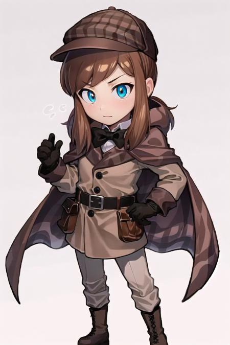 solo, 1girl, hkdet, detective, deerstalker, brown cape, black footwear, brown gloves, black belt, brown bowtie