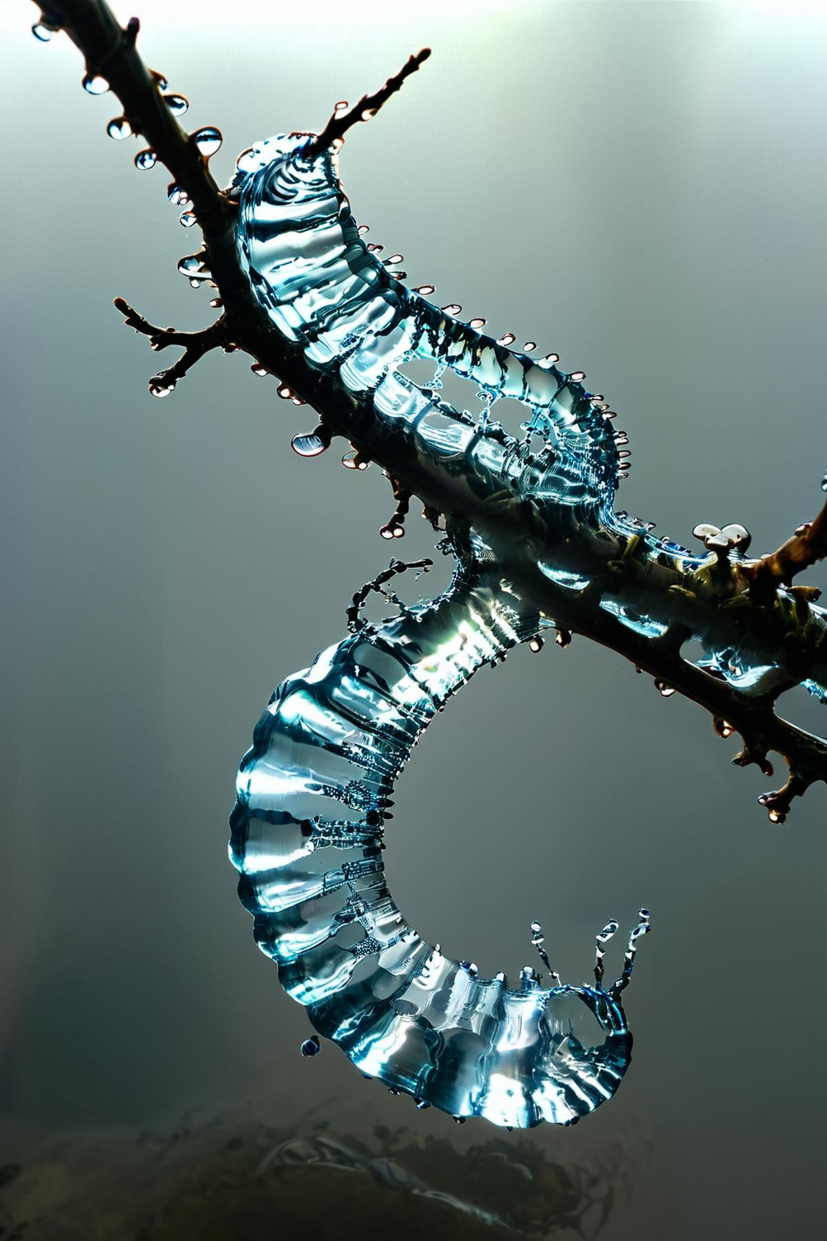 A Blue Glass Sculpture of a Caterpillar with Water Droplets on its Branches