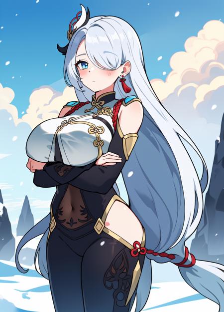 ((masterpiece)), (best quality:1.7), (detailed:1.4), (high res:1.4), 8k, (colorful:1.5), ((2d)), high resolution, sharped image, 4k, hd, shenhe_genshin, 1girl, (((solo))), ((grey hair)), (((light blue eyes))), long hair, (very long hair), ((hair over one eye)), ((braided ponytail)), ((((face focus)))), (((arms on air))), (small breasts), ((middle body)), (((cowboy shot)))), ((white breasts)), ((((breast courtain)))), blush, looking at viewer, bodysuit, long sleeves, shoulder cutout, covered navel, clothing cutout, black gloves, jewelry, partially fingerless gloves, ((hip vent)), earrings, tassel, chinese clothes, curvy body, ((white bodysuit)), (big hips), (character focus), serious, (((on fram))), snow, forest, sun, sky, clouds, ((white chest)), hair ornament,  ((((breast large courtain)))), <lora:shenhe_genshin:0.6>, <lora:thickerLinesanimeStyle:0.6>