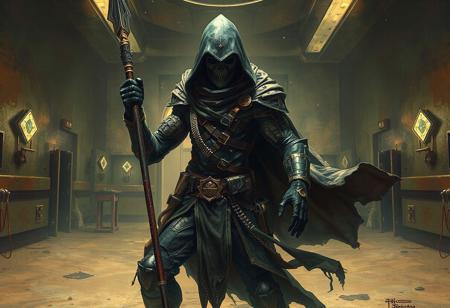 "Create a high-quality, dynamic pose full body illustration of a heroic challenger, Night Watchman, in a grimdark hospital setting. Incorporate Doom Eternal elements and rusty, old details. The character should hold a spear, and only the head should be in sharp focus. Implement the golden ratio for an appealing composition. Set against a desert background, with chimeric elements inspired by Lauryn Hill and the Land of Oz. Use 8K resolution, digital painting techniques, and aim for a highly detailed, elegant design, showcasing the character's sexier side. Make it trendy on ArtStation, like art by Artgerm, Greg Rutkowski, and Alphonse Mucha."