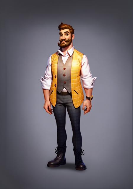 European and American cartoons, game characters, original design, solo, 1boy, male focus, brown hair, facial hair, belt, pants, mustache, shirt, standing, full body, white shirt, vest, buttons, brown pants, grey background, black footwear, brown eyes, boots, sleeves rolled up, simple background, short hair, collared shirt, arms at sides, belt buckle, brown vest, plaid, beard, buckle, gradient background, gradient, clenched hands<lora:CG Game ouka:1>