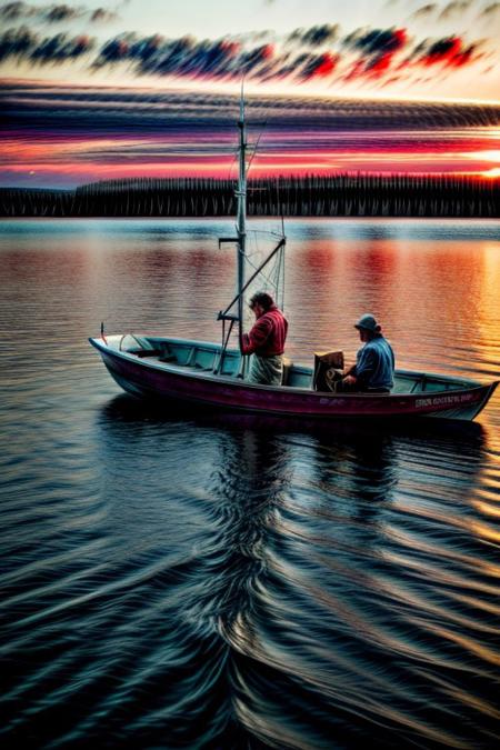 masterpiece, best quality, ultra-detailed, realistic, 8k, RAW photo, distant-view, (fisherman fishing troubles on small boat on lake, small fish were flying on the water around the fisherman:1.37), eagle on distant trying to catch the fish, emphasize some little birds flying around, award winning realistic photography, early morning,  beautiful clouds, dappled sunlight, scenery photography, perfect shadow, perfect natural lighting, rich colors, perfect composition, intricate details, absurdres, perfect colors, flawless complexion photo, perfect intricate detailed, very aesthetic, surreal, lifelike, real life scenery photo, top quality, trending on artstation, meadows, glitter, prettiest landscape, all kinds of flowers, small flowers field, pine tree, fantastic, stunning, outstanding, early morning, sunrise sky, beautiful clouds, dappled sunlight, breathtaking beautiful nature photo, out-of-this-world scenery, perfect reflection on water, depth of field, fisherman best day, detailerlora,