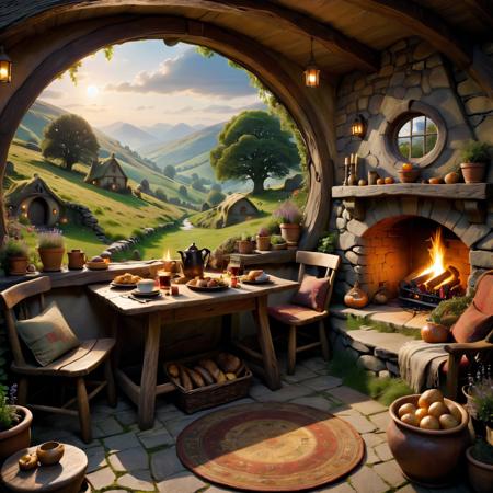 Round oak door, groaning open, warm swirl light and scent, hobbit hole, burrowed into hill, contented badger, low beamed ceilings, carved smooth polished wood, drying herbs, fragrant onions, fire crackle cobblestone hearth, dancing shadows rounded walls, smoke tickle edges plump armchairs, upholstered rich velvets, cushions sunken weight countless cozy evenings, sunlight stream circular window, illuminate table groaning weight feast fit for dragon's hoard, honey cakes piled high, glistening sticky glaze, nestle platters roasted mushrooms, plump sausages sizzling own fat, freshly baked bread, still warm oven, await slicing brimming jug blackberry wine, deep purple hues catching firelight, air vibrate gentle hum conversation, punctuated rhythmic clinking spoons pottery mugs, hobbits, furry feet tucked beneath table, exchange tales mischievous encounters trolls, whisper stories forgotten treasures hidden deep within Shire, laughter bubble up like froth mugs, chase away any hint chill air linger near stone walls, corner, tucked away nook like squirrel's den, old hobbit twinkling eyes strum lute, gentle melody weave through conversation, create tapestry sound and laughter, scent pipeweed smoke, fragrant sweet, mingle aroma honey and roasted potatoes, fill hobbit hole unmistakable comfort home, haven, carved into earth, time seem slow, worries melt away like butter on hot scone, world outside, worries and troubles, wait, inside hobbit hole, only warmth, laughter, simple joy shared stories meal enjoyed good company, sanctuary, refuge, place where hearts grow full, worries dwindle to wisps smoke in chimney.