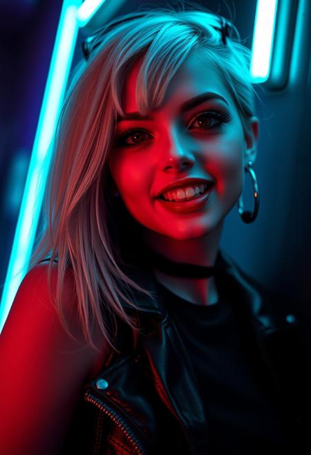 a portrait photo of an ethereal beauty, a cyberpunk girl bathing in neon light, her eyes are black as obsidian and a cruel smile plays on her lips, slightly exposing her pointy fangs,  as she is searching for her victim, her hairs are very short on one side, but kong on the other, she wears black leather clothing