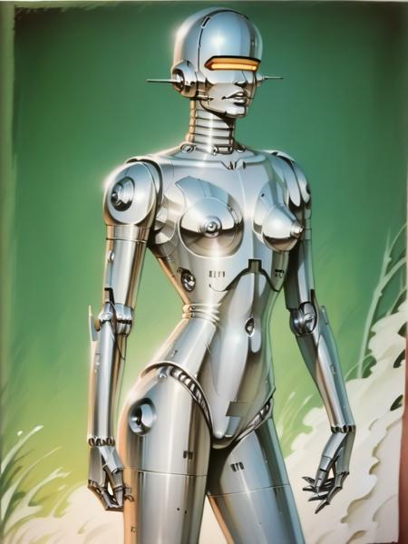 cybercore, science fiction, traditional media, retro artstyle, bodysuit, robot, cyborg