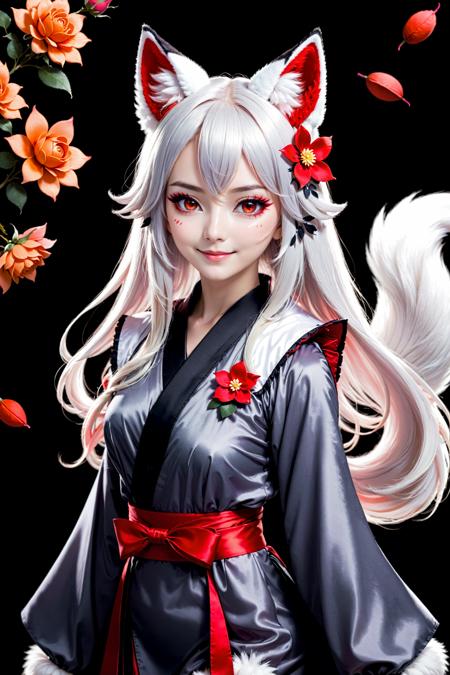 Enigma_Kitsune,  1girl,  solo,  long hair,  looking at viewer,  smile,  hair ornament,  red eyes,  gloves,  long sleeves,  dress,  holding,  animal ears,  medium breasts,  very long hair,  tail,  flower,  white hair,  grey hair,  parted lips,  black gloves,  puffy sleeves,  hair flower,  black dress,  collar,  from side,  animal ear fluff,  looking to the side,  petals,  fox ears,  makeup,  fox tail,  facial mark,  juliet sleeves,  black background,  red flower,  fox girl,  multiple tails,  eyeshadow,  red rose,  forehead mark,  holding flower,  sideways glance,  black kimono,  falling petals,  kitsune,  red eyeshadow,  red eyeliner,  official art,  specular highlights, <lora:EMS-20996-EMS:0.800000>