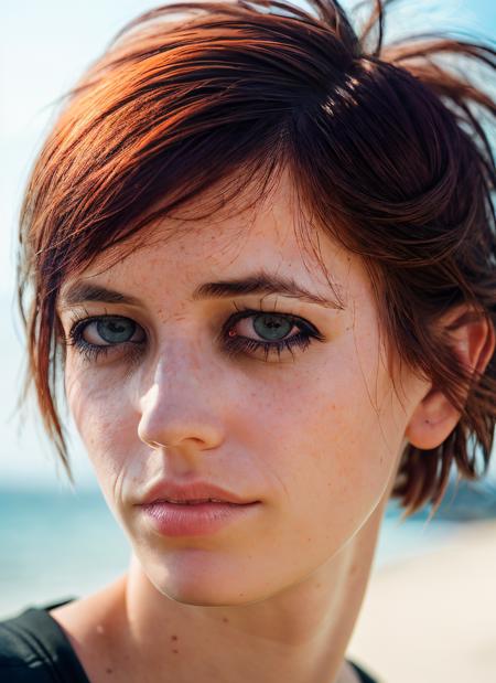 closeup portrait of skswoman, miserable , wearing sneakers , with orange Shag haircut , background beach epic (photo, studio lighting, hard light, sony a7, 50 mm, matte skin, pores, colors, hyperdetailed, hyperrealistic), <lyco:Eva Green:1.2>