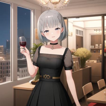 (masterpiece, best quality), 1girl, solo, ipkana, formal, black_gown, <lyco:kana-000018:0.75>, indoors, ballroom, holding_glass, wine, night, chandelier