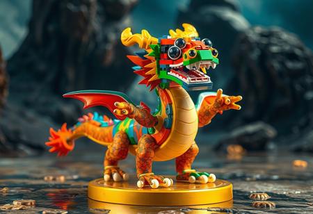 The detailed 4K image showcases a vibrant Googly-Eyes Drum Dragon, standing proudly on a Gold Moon Coin base, with its colorful body composed of blocks and pieces in bold blues, greens, reds, oranges, and yellows. The Googly-Eyes Drum Dragon, ready for action, has its arms and legs spread out, against a epic Giant Flood backdrop. The image, hyper-realistic with vivid colors and sharp lines, highlights the Googly-Eyes Drum Dragon's dynamic action pose and captivating lighting, showcasing its handcrafted precision, creative design, and joyful impact. The Googly-Eyes Drum Dragon, a celebration of color and creativity, stands in the foreground with impeccable composition, stunning the viewer with its detailed face, beautiful eyes, and powerful message.