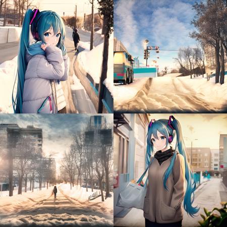 masterpice, hatsune miku, vocaloid, intricate details, psta background <lora:psta_1-000018:1.5> snow, dirt, street