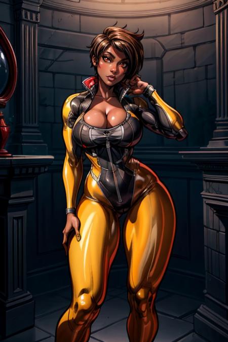 masterpiece,best quality,extreme detail,8k,image sharpness,standing pose,<lora:Kinessa-10 (1):0.6>,(curvy),<lora:more_details:1>,kinessa,1girl,solo,breasts,short hair,large breasts,brown hair,red eyes,cleavage,full body,dark skin,dark-skinned female,bodysuit,makeup,lipstick,very dark skin,yellow bodysuit,