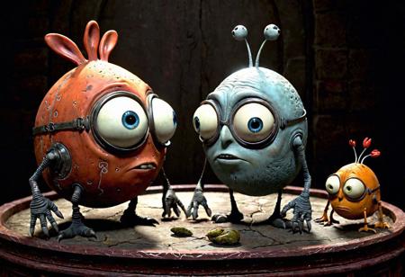 final 3d render (("Imperfect Things. but very loveable, charm and uniqueness that arise from imperfections, celebrating the authenticity and character they bring")) by Shaun Tan+tim burton ,  imaginative, evocative, surreal + dreamlike quality, combine elements of fantasy+ science fiction6+ the mundane, creating intricate +thought-provoking visual narratives, use of color+ texture+composition adds depth + emotion to the storytelling, allowing readers to delve into richly imagined worlds, communicate emotions + ideas with great clarity +sensitivity ,octane render, 64k, UHD, HDR, highly detailed, masterpiece, dark background,  realistic textures+hair, (best quality:1.2)"