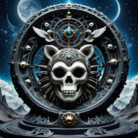 "The Last Migration" – A flock of ducks, all blind and disoriented, march in a spiral toward a mechanical altar where the moon bear’s skull serves as a centerpiece.
score_9, score_8_up, score_8_up, masterpiece,super detailed face, super high resolution, FaceDetail, masterpiece-level, highly detailed, intricate details, detailed background, complex background, cinematic, intricately detailed illustration, depth of field, masterpiece, best quality, amazing quality, very aesthetic, absurdres, newest, very awa, shadow, dynamic angle,