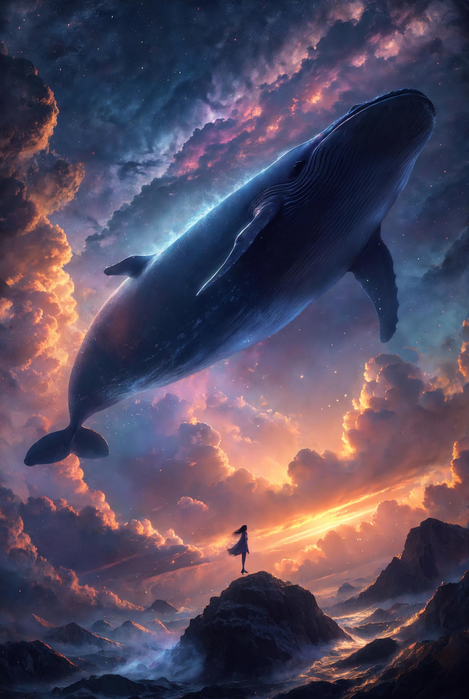 A woman standing on a cliff with a large whale flying by in an artistic painting.