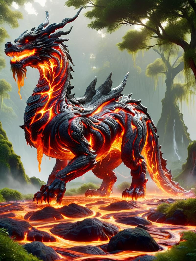A large, fiery dragon with spikes on its back, standing on a rocky field with trees in the background.