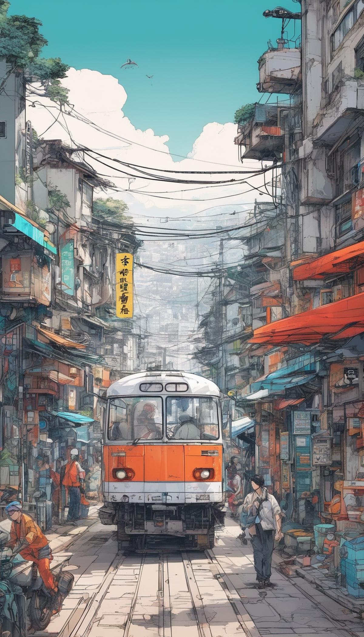 A colorful and artistic drawing of an orange and white bus driving down a busy street.