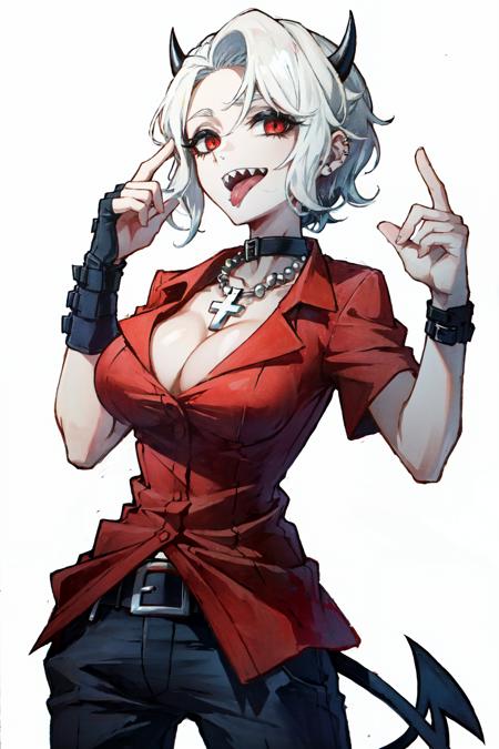 zdrada(helltaker), solo, short hair, demon girl, black horns, cleavage, 1girl, open mouth, jewelry, piercing, gloves, demon horns, red eyes, white background, black pants, tongue piercing, cross, cross necklace, tongue out, sharp teeth, looking at viewer, white hair, tongue, belt, pants, demon tail, shirt, large breasts, fingerless gloves, tail, horns, choker, teeth, necklace, red shirt 