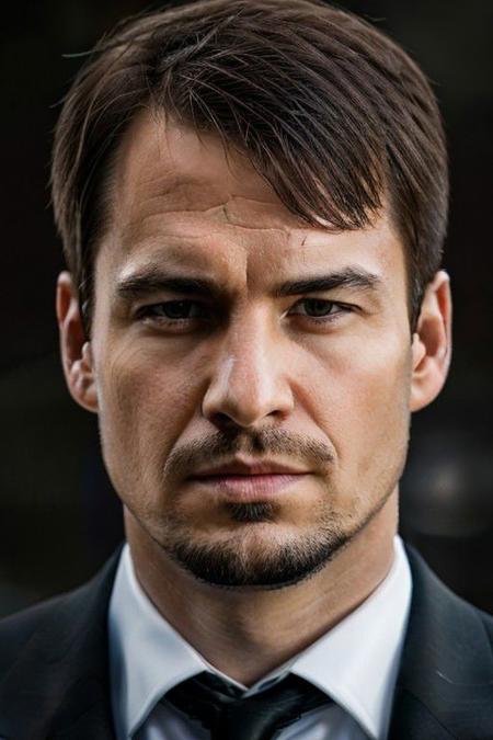 professional photo, closeup portrait photo of man, detective, wearing formal attire, serious face, dramatic lighting, nature, gloomy, cloudy weather, fog, bokeh