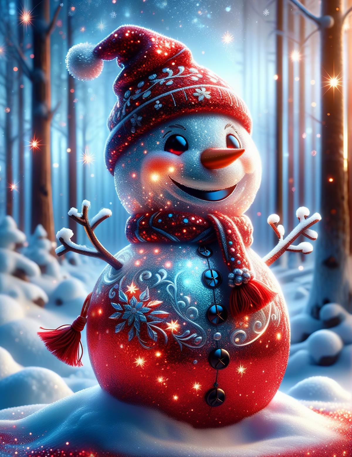A Snowman with a red hat, scarf, and a big smile.