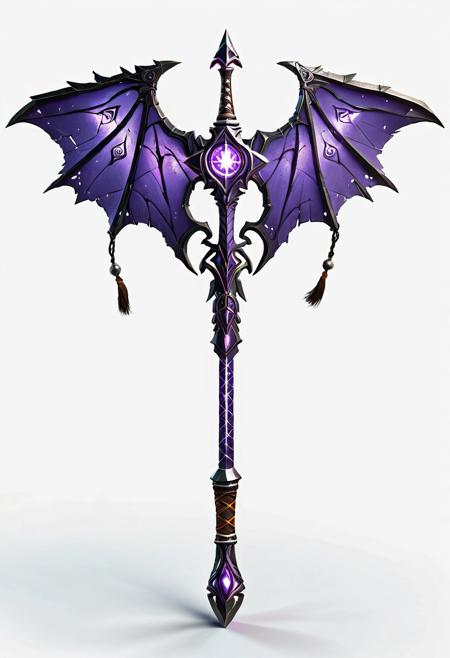 Side view, 2d game assets, Flat drawing without volume of ( MEDIEVAL IRON magical shaped batwing baton Magic Wand made of violet STEEL), with STEEL handle COVERED WITH MAGIC GLOWING RUNES, ultra detailed, enhanced, native maya style, simple white background