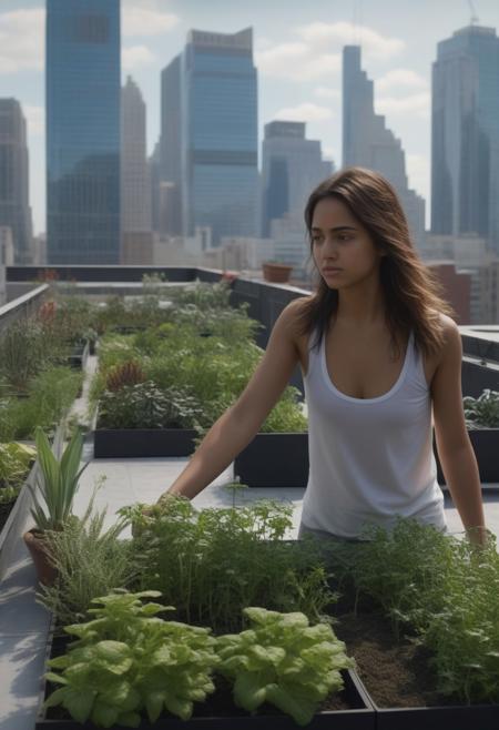 UHD 32k, Urban Rooftop Garden: A young woman tends to her rooftop garden in the middle of a bustling city, with skyscrapers in the background. The scene captures the photorealism of Pedro Campos, the urban energy of Taner Ceylan, and the detailed greenery of Ellen Altfest.