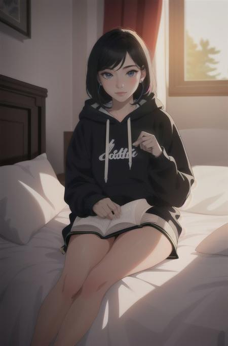 masterpiece of lofi girl, studying, masterpiece, high detailed, intricate detail, 2d, anime, vibrant, illustration, cinematic lighting, film grain, lofi girl, 1girl, bedroom, godrays, sunlight, dust, dof, cinematic lighting, relaxing, hoodie, wide shot, full body, beautiful face, detailed,