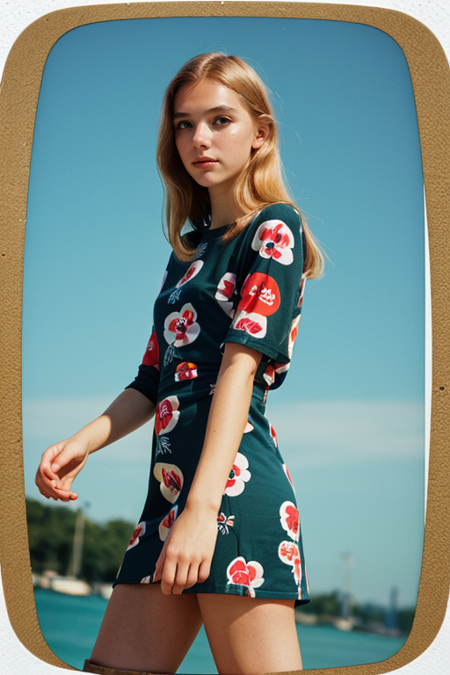 AndreaFrolikova, ((1960s photograph, upper body, portrait, mod-inspired mini-dress with bold patterns, knee-high boots, chic bob or straight hair, vibrant 1960s backdrop)), vintage Polaroid Swinger, 75mm f/5.6, 1/60s, ISO 50, ((retro charm))