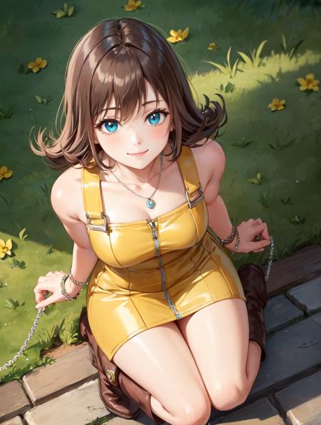 masterpiece, best quality, selphie, necklace, yellow dress, boots, crouching, holding knees, looking up, from above, smile <lora:selphie-nvwls-v2-000008:0.9>