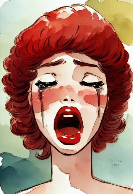(abstract watercolor portrait of a young woman), (aesthetic:1.5), 1girl, extreme closeup, cute face, closed eyes, blush, thin red lips, open mouth, orgasm face, red hair, ruined makeup, tears