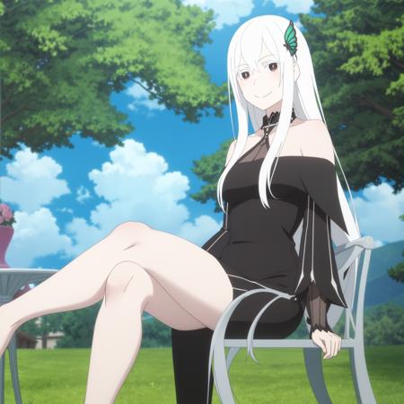 (cowboy shot:1.1),Echidna,black dress,solo,looking at viewer,seductive smile,outdoors,crossed legs,bare legs,off shoulder,collarbone,hand on own knee,sidelocks,