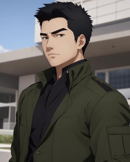 best quality,masterpiece,highly detailed,ultra-detailed, <lora:neg4all_bdsqlsz_V3.5:-1>,1boy <lora:IsamiAo:0.75>isami ao, bangbravern, 1boy, male focus, solo, black hair, short hair, thick eyebrows, upper body, black eyes, looking at viewer
suit,military uniform, green jacket,