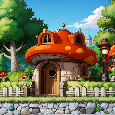 ((masterpiece,best quality)), absurdres,
<lora:Henesys_Maple_Story_Anime:0.7>, Henesys_Maple_Story,
outdoors, no humans, tree, grass, sky, house, scenery, mushroom, door, window, fence, chimney, sign, plant, building, nature,
cinematic composition,