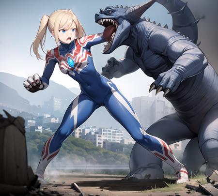 extremely detailed CG unreal engine 8k, best quality, from side, beautiful detailed 1 young girl, (ultgp :1.0), ultraman bodysuit, small breasts, full body, (angry face :1.2), twintail, fighting stance, Godzilla (attacking :1.2), (battle with monster, combat with monster, fighting), detailed (ruined buildings) behind, outside, ((dynamic), detailed fingers, detailed hands, detailed face), all intricate, (Rampage :1.0), solo
 <lora:Ultgp-16b-000003:1.0> <lora:GTSv5:0.8>