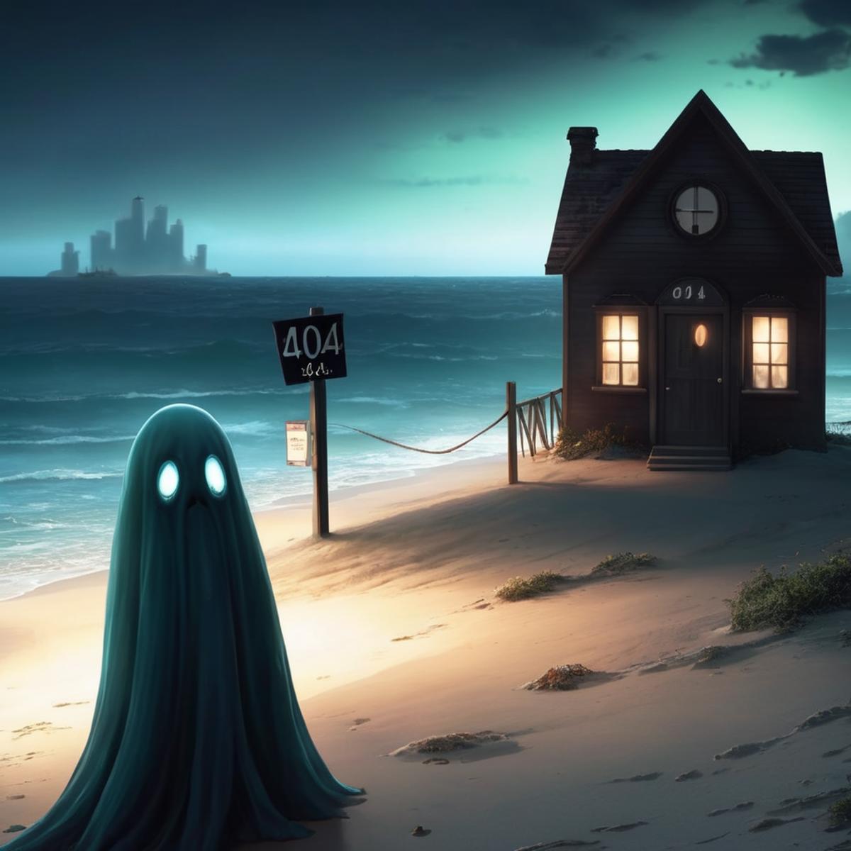 A ghost standing on a beach next to a house with the number 040 on it.