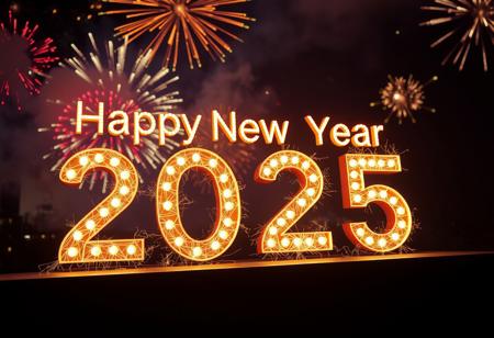 8k resolution image of sign saying "Happy New Year 2025", the letters are on fire, night dark background with fireworks