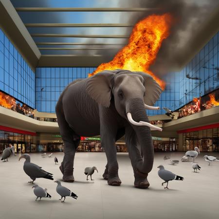 <lora:start:1> photo of mall with elephant and a flock of seagulls on fire sex