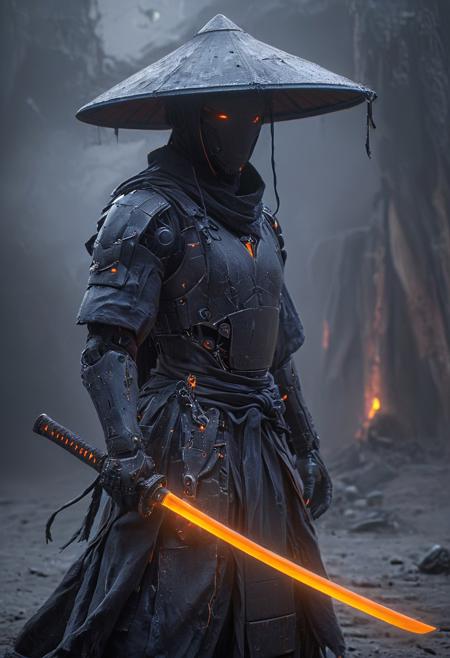 Create an enthralling, vibrant black-neon caption for a photo that embodies a futuristic Bedouin sorcerer in a dynamic combat stance, defying norms as they summon an eccentric robot 'freak' from an oversized, intricately designed hat. The scene is set against an ethereal, smoky backdrop. The sorcerer wields a translucent orange and purple katana, poised in a dramatic unsheathing motion, with intricate details on the scabbard. Capture the atmospheric haze, rich film grain, and cinematic depth, evoking a moody and epic feel. Emphasize the photorealistic details—skin textures, light reflections in the eyes, and the interplay of shadows. Aim for a visually stunning 2000s vintage RAW aesthetic that immerses the viewer in this magical, high-budget cinematic moment.