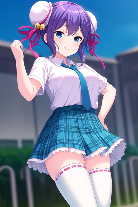 (masterpiece, best quality), highly detailed background, perfect lightingbest quality, chunyanlee, solo, outdoors, fighting stance, purple hair, bun cover, double bun, hair ribbon, hair bell, jingle bell, hair ornament, short hair, blue eyes, breasts, blue necktie, white shirt, <lora:GoodHands-vanilla:1>, one hand on hip, blue skirt, plaid skirt, white thighhighs, school uniform, smile, closed mouth, >:), pink lips, <lora:Chunyan-Lee:0.7>