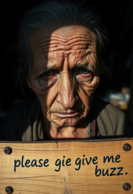 An elderly woman with deeply wrinkled, weathered skin is captured in a close-up using a 50mm Panavision Prime lens, showing every detail of her face. Dramatic lighting casts heavy shadows across her features, emphasizing her sorrow and exhaustion. Her eyes, filled with suffering, reflect the harshness of her life. The background is softly blurred, hinting at a slum with crumbling walls and scattered debris. At the lower part of the image, a cracked wooden panel with rusted nails holds the words ‘please give me buzz.’ The writing is in a pastel color with a crackled font, adding to the gritty, distressed atmosphere, contrasting with the deep emotional weight of the scene
