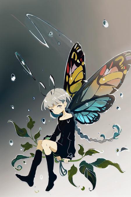 concept art, wings, solo, fairy, braid, antennae, sitting, looking at viewer, fairy wings, 1other, water drop, leaf, plant, butterfly wings, 1girl, socks, closed mouth, full body, bare shoulders, minigirl, long sleeves, androgynous, grey eyes, twin braids, black socks, kneehighs