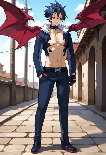 Killia dark blue hair golden eyes black eye marks under eyes pointed ears long sleeve blue jacket, white puffed collar, neck choker, red-pink accents, blue and red-pink wings, black gloves, red-pink claws, dark marks on chest and upper abdomen, belt, dark blue pants, dark blue shoes