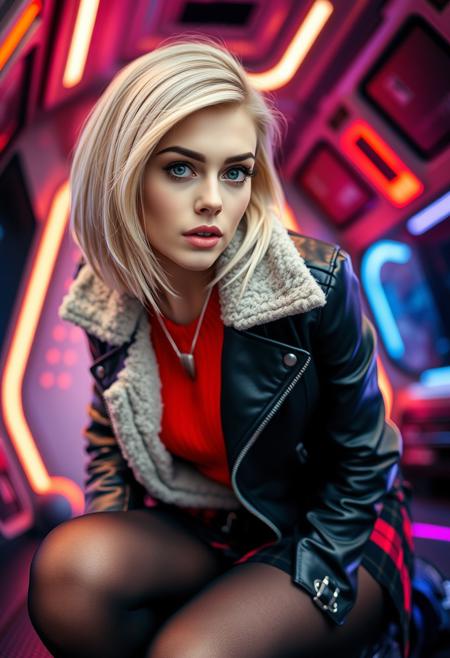 a beautiful blonde woman, kneeling,
curious, intrigued, one eyebrow raised, mouth open,
bob haircut, gray eyes, brown eyebrows, split cut eyebrow,  black leather jacket with fleece lining, red sweater, silver necklace, black red plaid mini skirt, black stockings, black combat boots, dramatic angle, side view, looking at viewer,
spaceship interior in background, neon bokeh