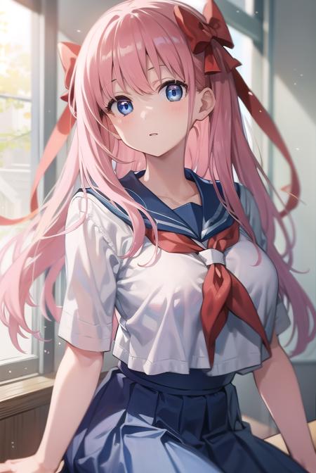 nodokaharamura, <lora:nodokaharamurapruned:1>,
nodoka haramura, blue eyes, hair bow, long hair, pink hair, bow,
BREAK blue skirt, kiyosumi school uniform, pleated skirt, school uniform, serafuku, skirt,
BREAK looking at viewer,
BREAK indoors, classroom,
BREAK <lora:GoodHands-vanilla:1>, (masterpiece:1.2), best quality, high resolution, unity 8k wallpaper, (illustration:0.8), (beautiful detailed eyes:1.6), extremely detailed face, perfect lighting, extremely detailed CG, (perfect hands, perfect anatomy),